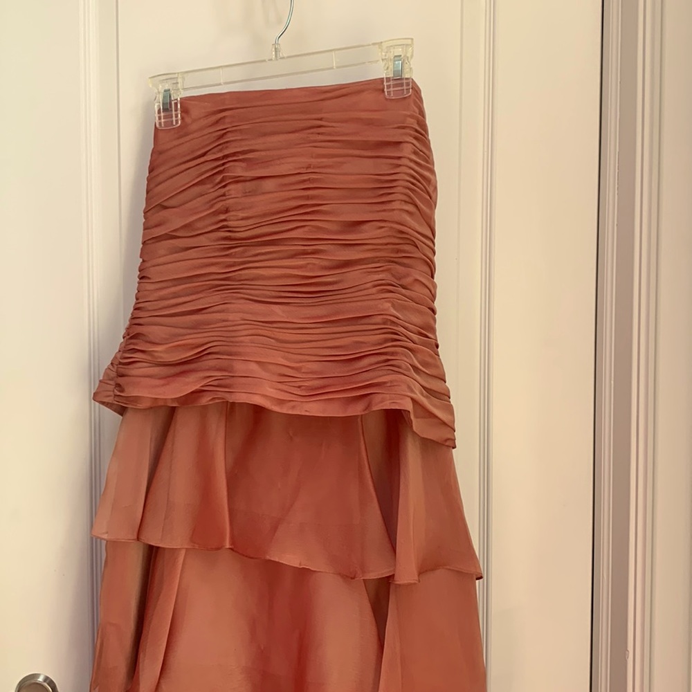 Chic Flo Tiered Layered Chiffon Melon Peachy Strapless Ruched Formal Maxi Dress
